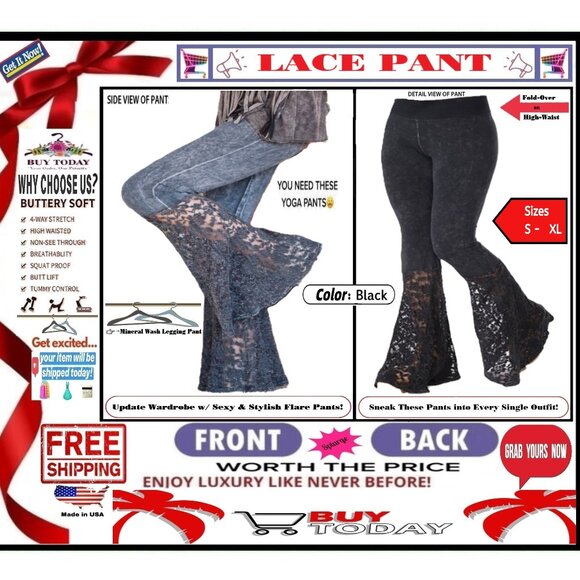 Unbranded Pants - 🛑 BOTTOM Fold Embroidery ➕ LACE 🆒 LEGGING PANT High Waist FLARE Wash BUY NOW
